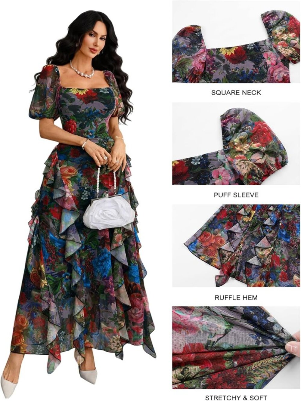 Women's Multicolor Square Neck Puff Sleeve Ruffle Stretch Mesh Fabric Dresses - Picture 7 of 7
